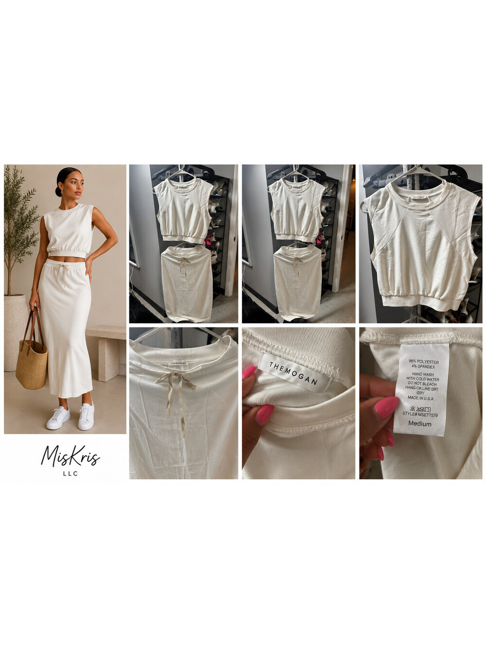 NWOT TheMogan Ivory 2 Piece Skirt Set Medium Crop Top Midi Skirt Stretch
